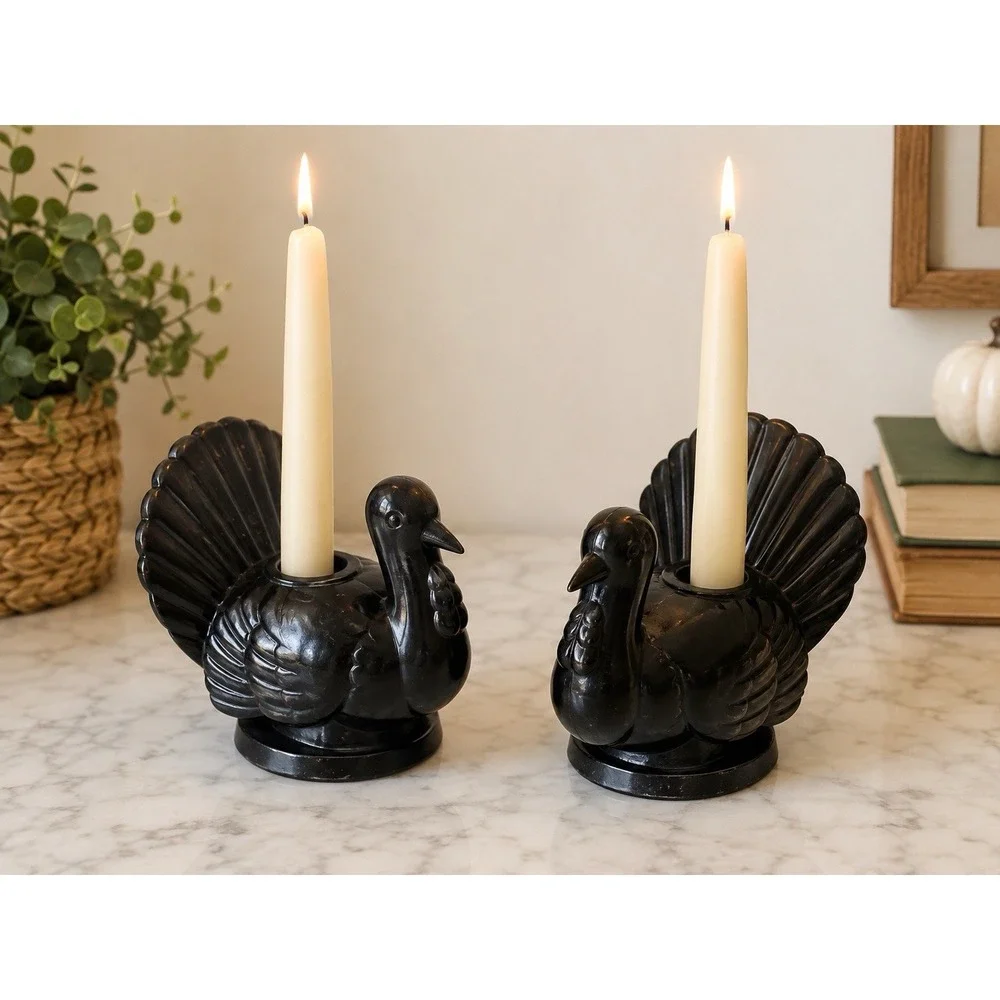 2 POTTERY BARN HEAVY BRONZE FIGURAL TURKEY TAPER CNDLE HOLDERS